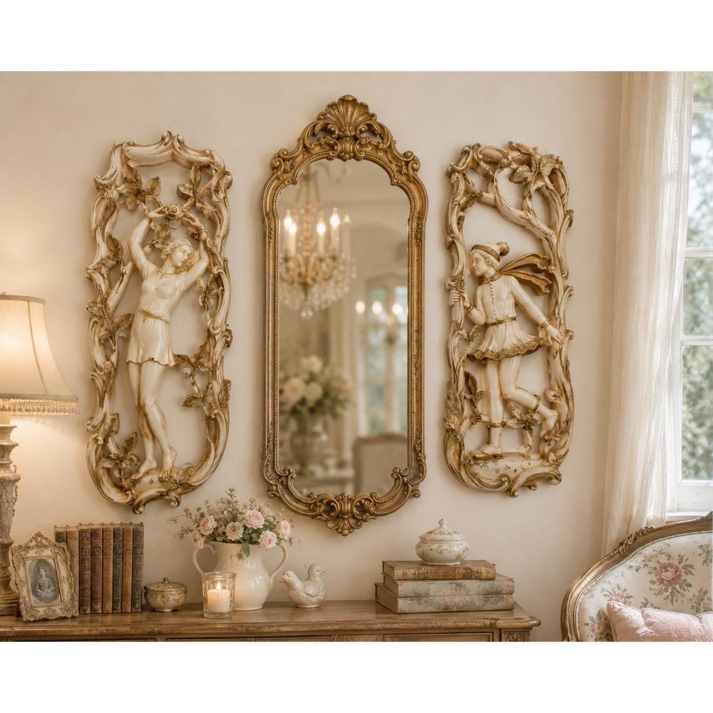 Vintage 70s Art Nouveau Wall Plaques Summer Winter‎ Ivory Gold Plaster Panel Set